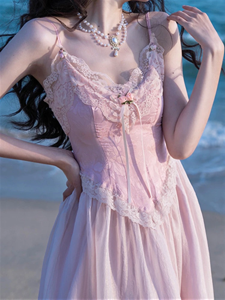 Женский сарафан на бретелях-спагетти розовое платье без рукавов с открытой