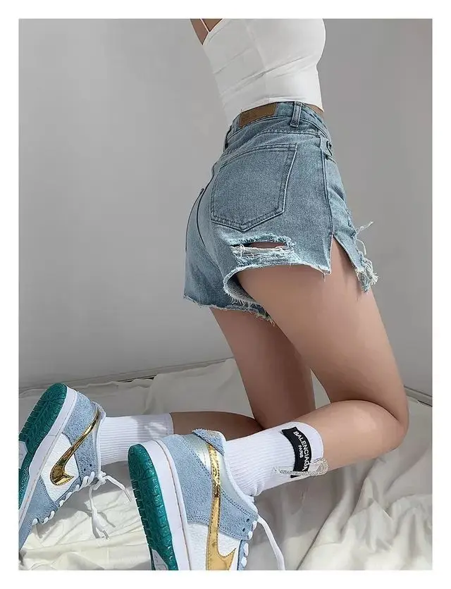 Denim Shorts Women Hole Summer Hot Girls College All-match Solid Younger Ins Prevalent High Waist Casual Mujer Slender