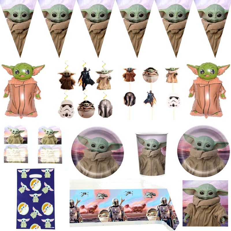 

105pcs/lot Baby Yoda Theme Swirls Balloons Flags Cupcake Decorate Loot Bags Birthday Party Napkins Plates Cups Favors Tablecloth