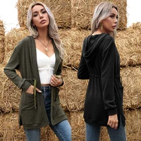 autumn solid color long sleeve lace up cardigan knit hooded sweater jacket for women