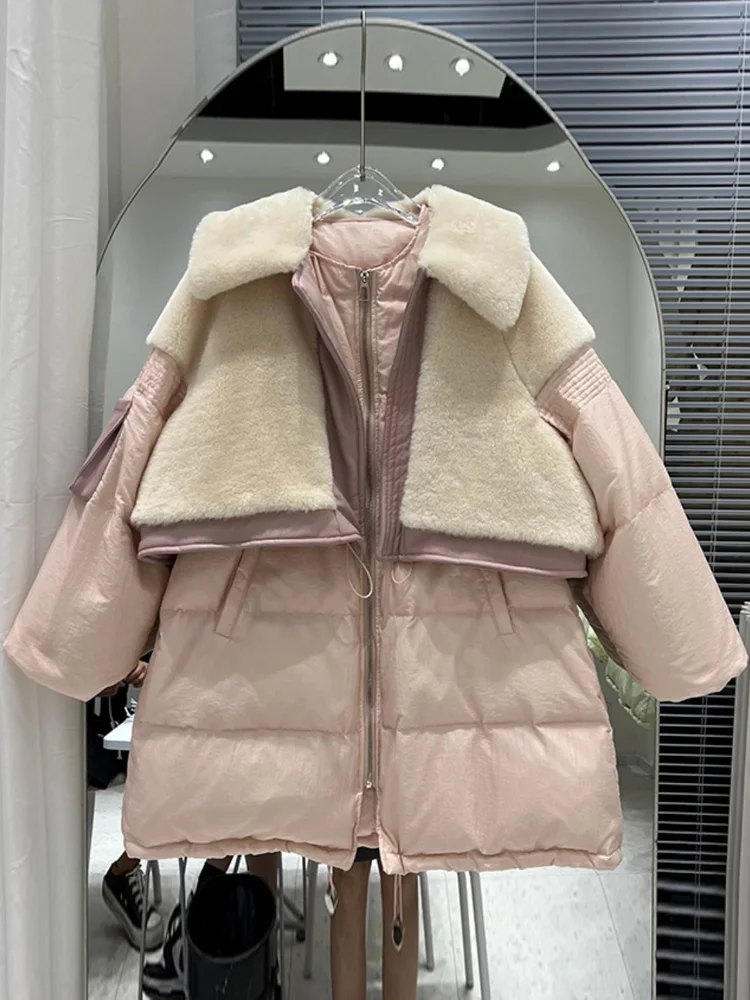 

Janveny Winter Women's Down Coat Long Fashion Natural Sheep Fur Collar 90% White Duck Down Puffer Jacket Female Feather Parkas