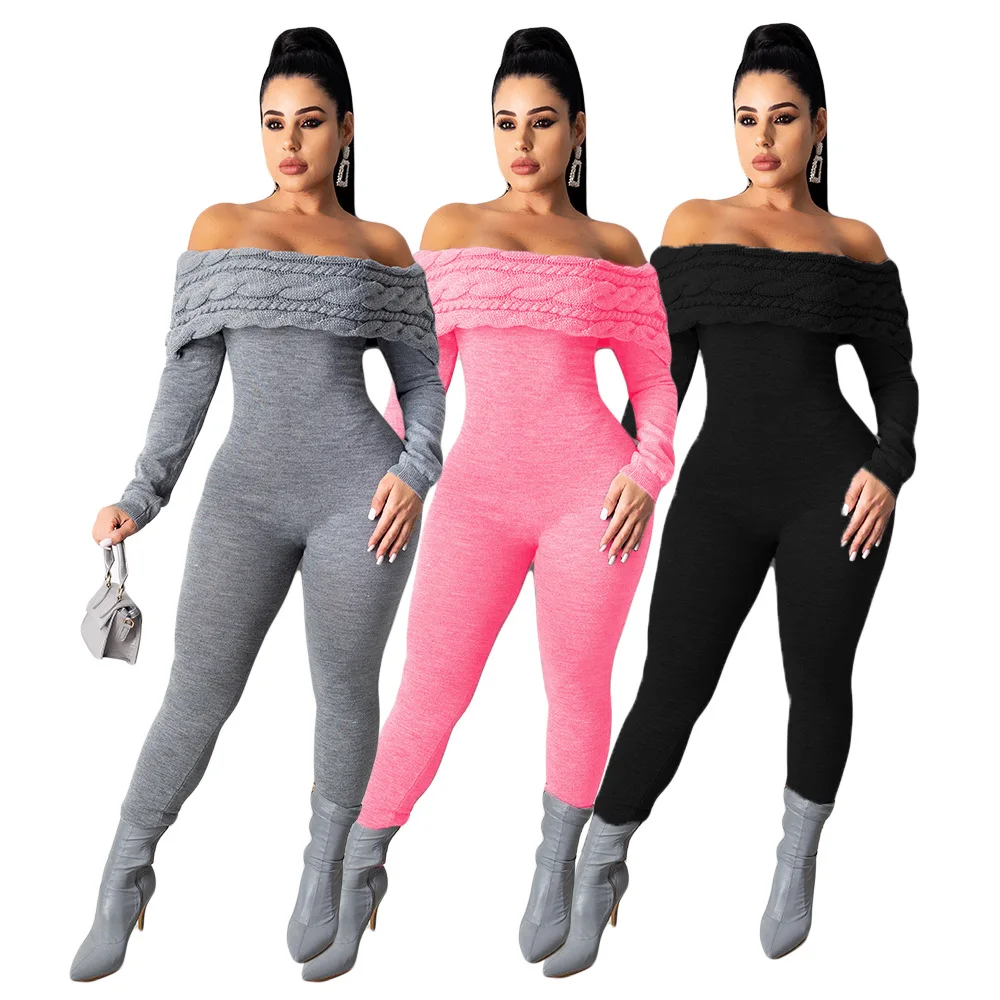 

Sexy Twisted Off Shoulder Knitted Jumpsuit Winter Sweater Women Long Sleeve Bodycon Rompers One Piece Club Outfit Long Jumpsuits