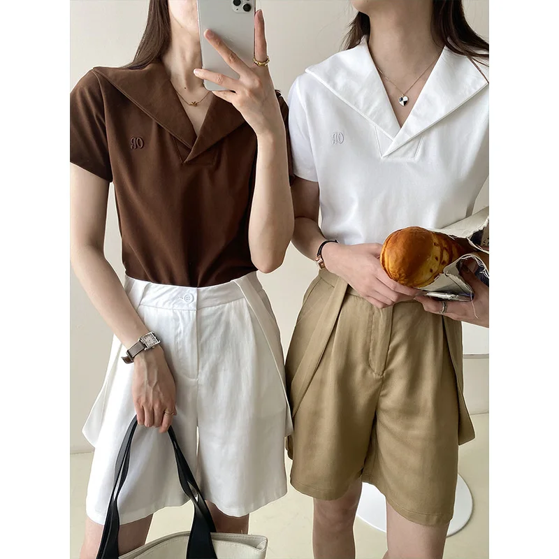 

Lapel T-shirt Khaki White Women's Cotton Design Spring Summer 2022 New Women Tops