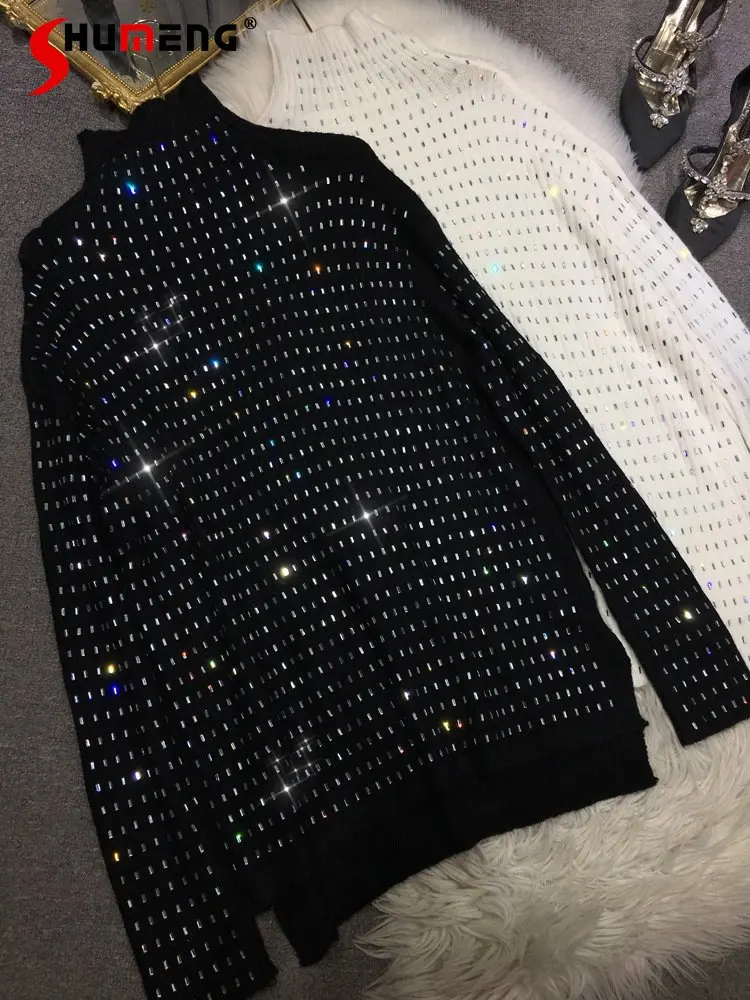 

Hot Drilling Black High Collar Sweater Women Autumn Winter New Loose Oversized Idle Style Mid-Length Slit Knitted Pullover Top