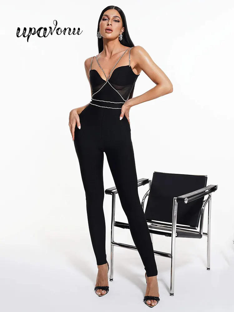 Sexy Bandage Jumpsuit Women Dress 2022 New Summer Diamond Inlaid Sling Sleeveless Bodycon Jumpsuit Evening Party Pencil Jumpsut