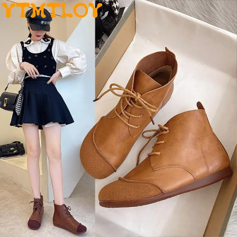 

Autumn Women's Shoes 2022real Soft Leather Martin Boots Women's Literary Retro Color Matching Beef Tendon Bottom Hot Sale