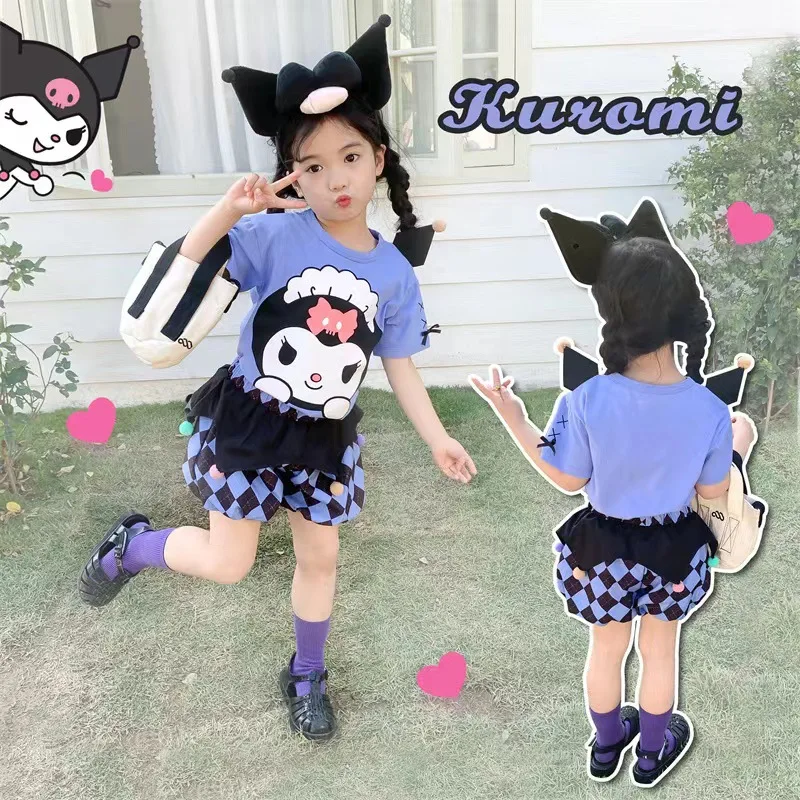 Sanrio Clothes Summer Children's Kuromi Two-Piece Set Cartoon Short Sleeve T-Shirt Pod Plaid Shorts Set Festive Gifts For Girls