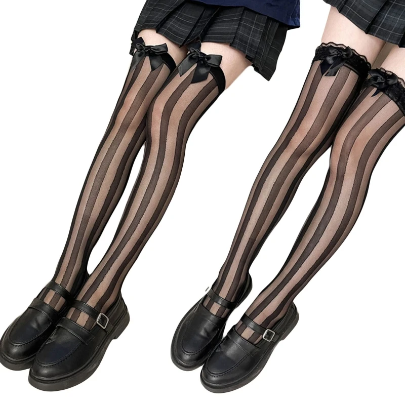 

Women Cute Thigh High Socks Gothic Striped Bowknot See Through Stockings