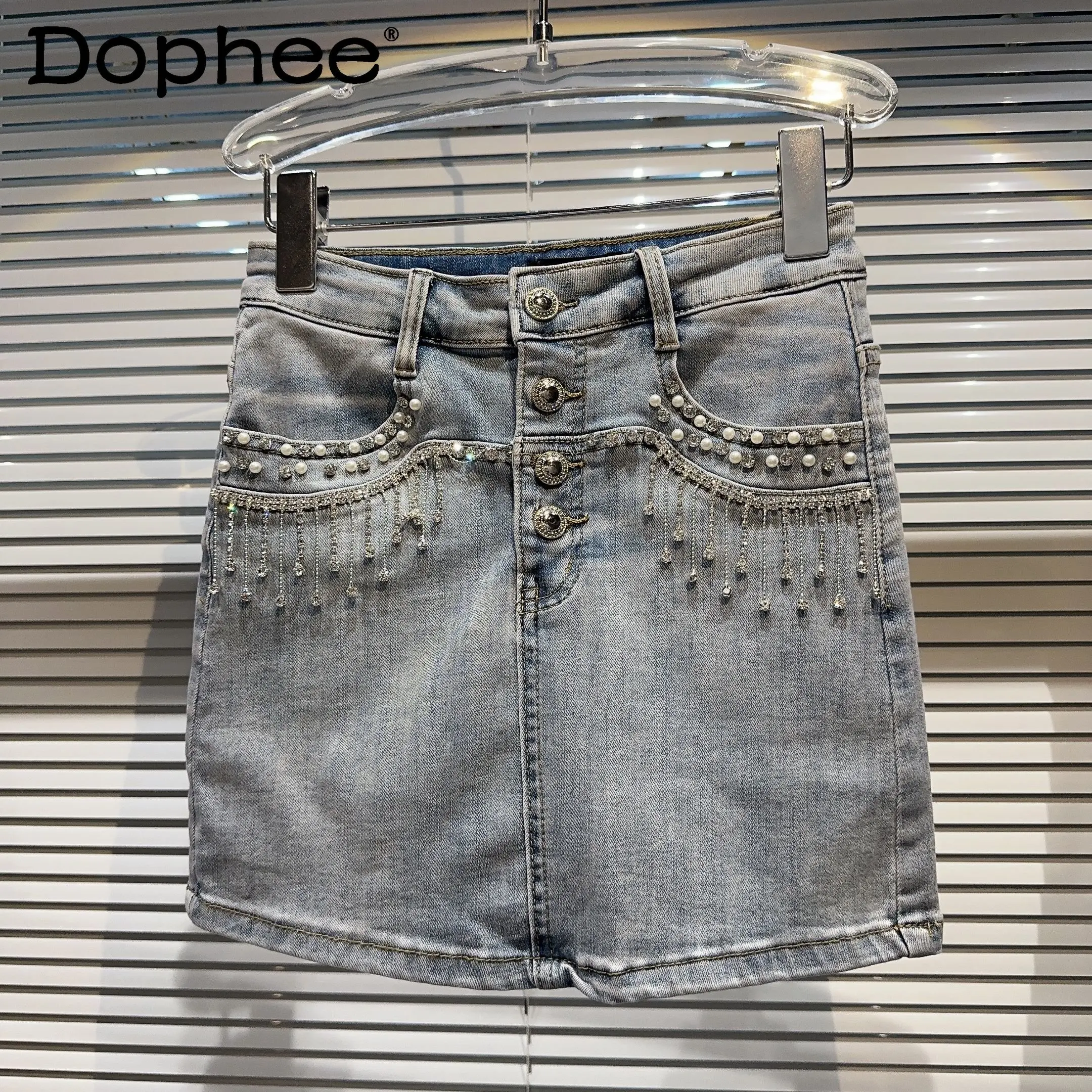 

Elegant Lady Pearl Rhinestone Tassel Pocket Denim Skirt Women High Waist Sheath Bandage Mini Skirt Female 2023 New Summer Skirts