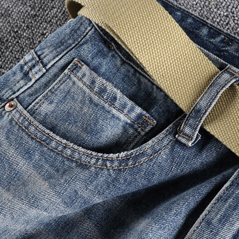 Heavy washed hole patch jeans men's spring and summer new fashion European and American nine point pants fit straight pants