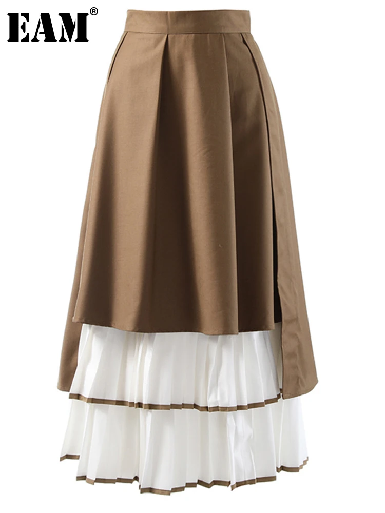 

[EAM] High Elastic Waist Camel Irregular Pleated Long Casual Half-body Skirt Women Fashion Tide New Spring Autumn 2022 1DE2896