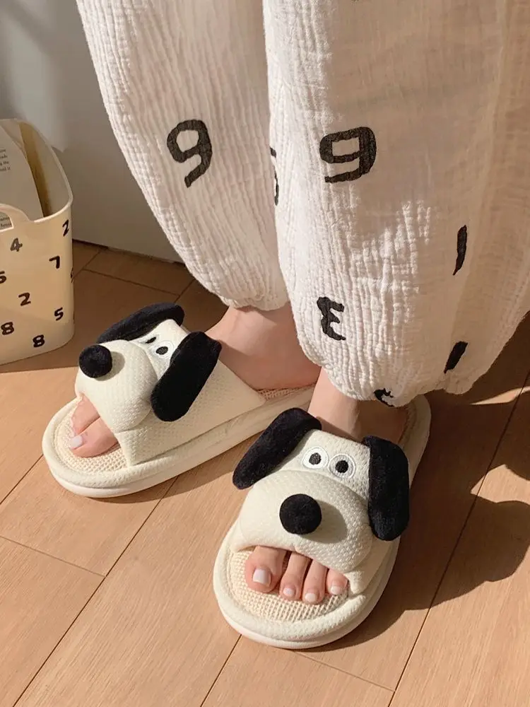 Anti Odor Funny Puppy Slippers Women's Summer Indoor Shoes Girls Cotton Linen Slides Hemp Shoes Women House Mules Slippers Ears
