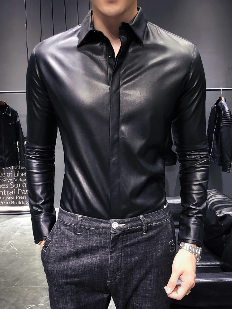 Spring New Black Leather Shirts Men Long Sleeves Korean Style Slim Business Casual PU Shirt High-end Non-iron Male Trend Jacket