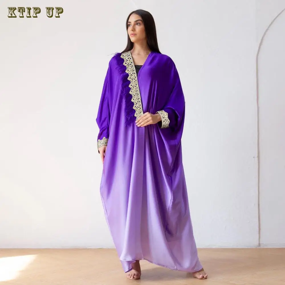 

Middle East Ramadan Arab Dubai Muslim Fashion Robe Feather Featured Ribbon Bat Sleeve Gradual Color Changing Turkish Maxi Dress