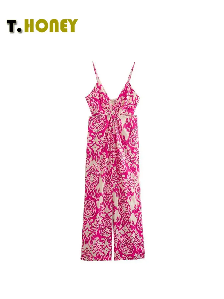 

TELLHONEY Women Fashion V-Neck Side Hollow Out Back Zipper Print Romper Female Casual Sleeveless High Waist Slim Fitting Rompers