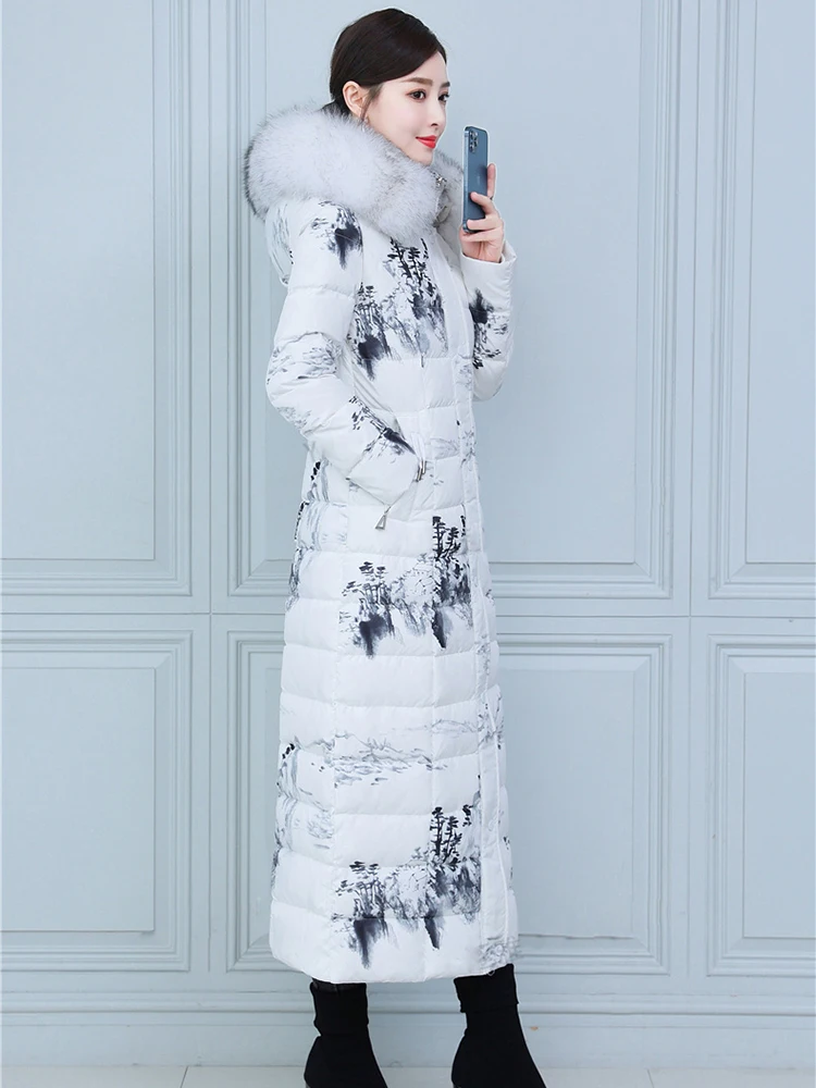 New Women Thicken Warm Down Coat Winter Fashion Real Fox Fur Collar Landscape Print Lengthened Down Jacket Slim Overcoat Female