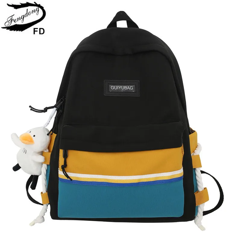 Женский школьный рюкзак Fengdong, черный или желтый школьный рюкзак для девочек с местом под ноутбук, осень 2019