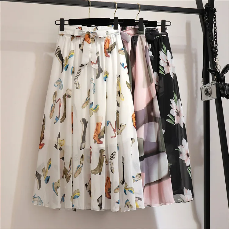 

2023 Summer Chiffon Skirt Vintage Floral Print Bohemia Maxi Skirt Holiday Beach Elegant Elastic Waist Skirts Woman Y2k Skirts
