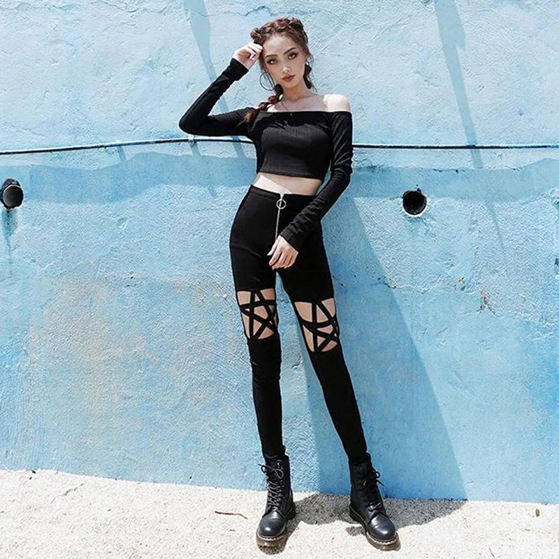 

Gothic Women High Waist Zipper Pants Hollow Out Pentagram Black Leggings Pencil Pants Slim Thin Plain Cool Sexy Pants