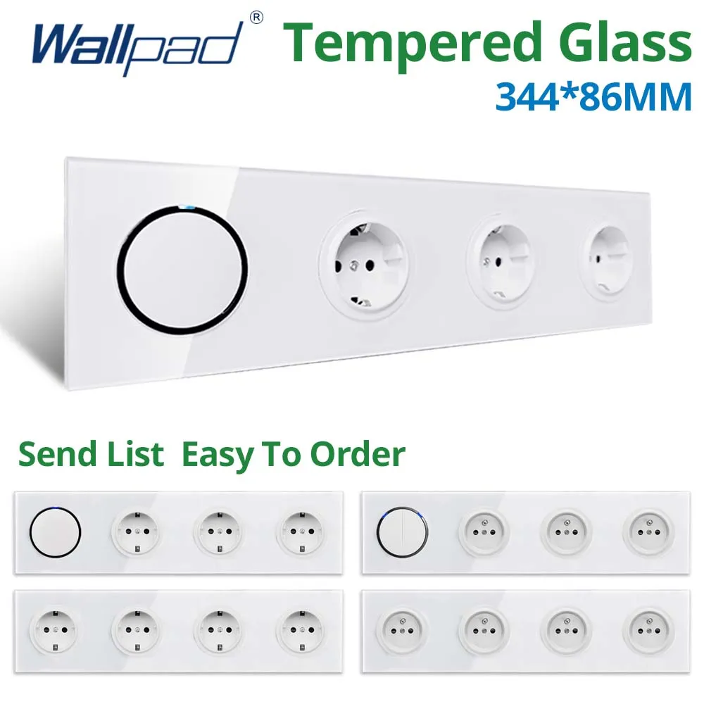 

Wallpad 1 2 3 4 Gang 2 Way Wall Light Switch LED Indicator and EU Electric Socket Outlet White Quadruple Glass Panel 344*86mm