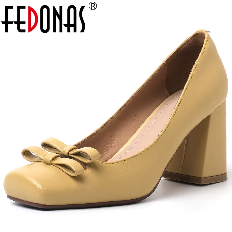 FEDONAS Spring Summer Women Pumps Party Wedding Prom Elegant Fashion Butterfly Knot Genuine Leather Thick High Heels Shoes Woman