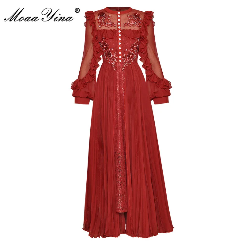 MoaaYina Fashion Runway dress Summer Women Dress Lantern sleeve Mesh Sequins Beading Lace Long Red Pleated Dresses