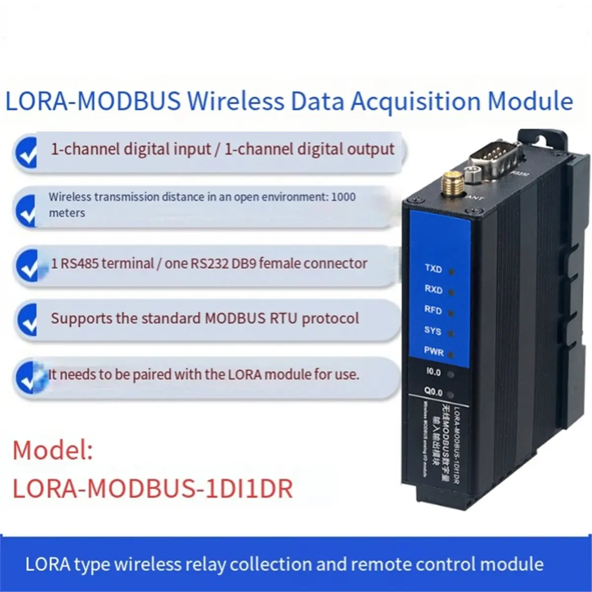 Фото Беспроводной модуль Homegood LORA-MODBUS-1DI1DR LORA с дистанционным управлением, прозрачной передачей данных, цифровым входом, релейным выходом и антенной 10 м №3