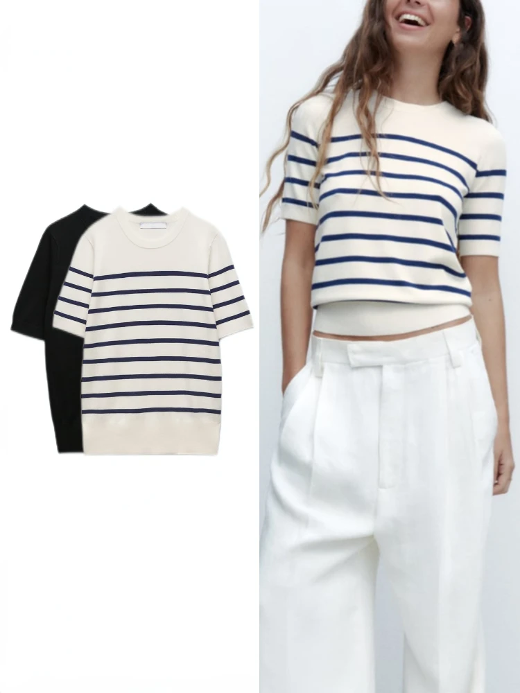 

ZBZA Женская летняя новая универсальная повседневная вязаная футболка в полоску с круглым вырезом Топ Свободный пуловер в базовом стиле Свитер с короткими рукавами