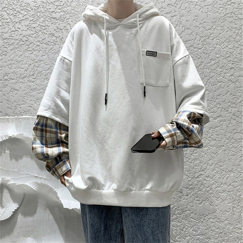 

Men Hooded Sweatshirts Spring Autumn Trend Plaid Print Patchwork Fake Two-piece Top Loose Mens Hoodies Korean Fashion Pullover