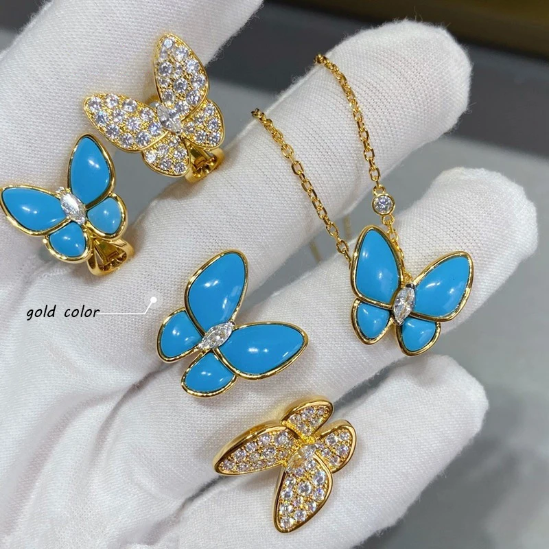 

High Quality Natural Blue Turquoise AAA Zircon Butterfly Shape Stud Earring for Women Classic Fashion Luxury Brand Jewelry Set