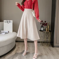 vintage women skirts 2022 spring fashion high waist sweet girls button up clothing knee length solid a line skirts for wome