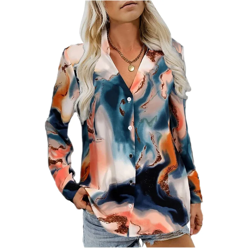 

Women's Shirt 2023 Summer New Tie Dye Print Long Sleeve Blouses Elegant Loose V-neck Single Breasted Vintage Office Ladies Tops