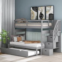Home Modern And Minimalist Wooden Bedroom Furniture Beds Frames Bases Twin Over Twin Full Bunk Bed With Twin Size Trundle Gray