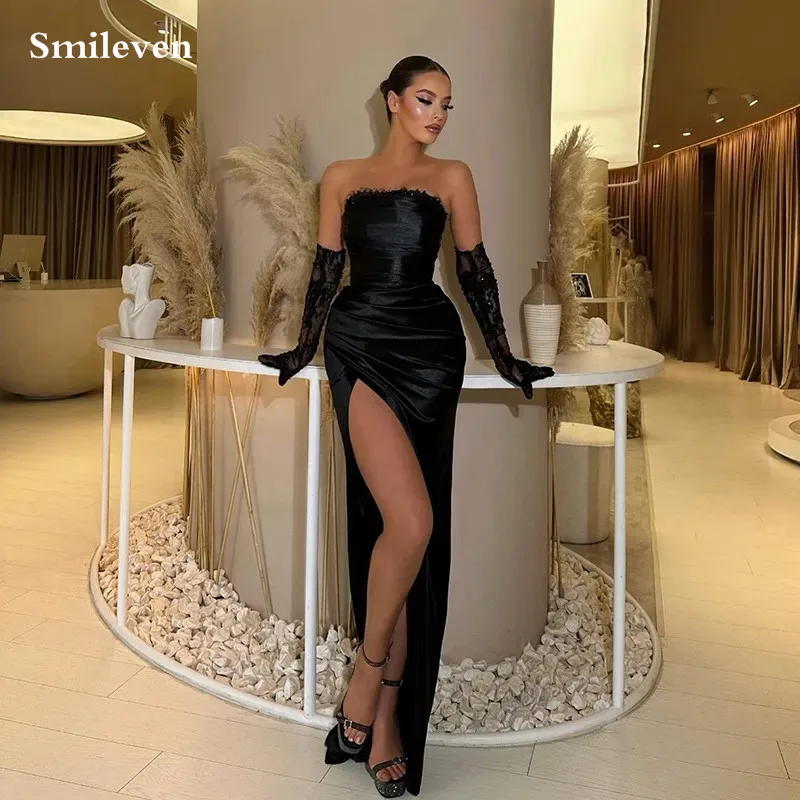 

Сексуальные черные вечерние платья Smileven без перчаток, женское платье для выпускного вечера, атласное платье для выпускного вечера