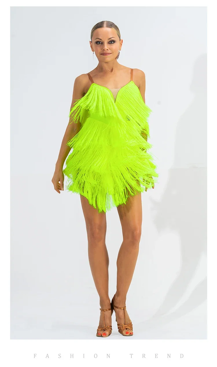 Платье для латиноамериканских танцев с подтяжками и юбкой бахромой соревнований