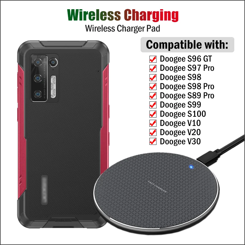 10W Fast Qi Wireless Charging for Doogee S98 S99 S100 S95 S97 S89 Pro S88 Plus Rugged Phone Wireless Charger for Doogee V30 V20