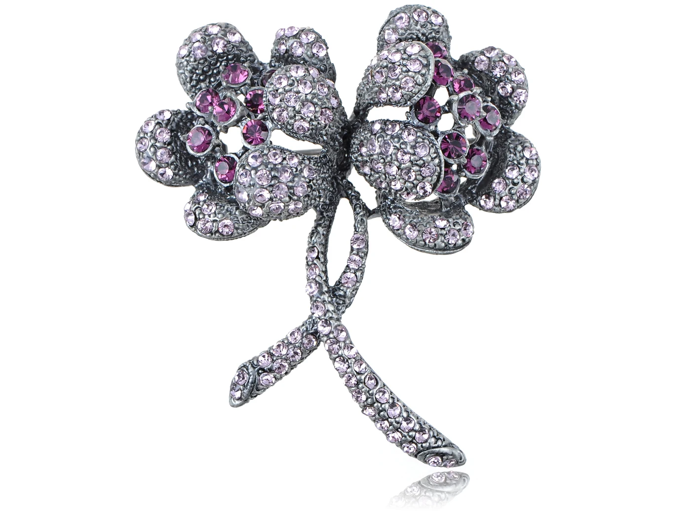 

Womens Silvery Tone Violet Purple Colored Rhinestones Floral Two Flower Brooch Pin