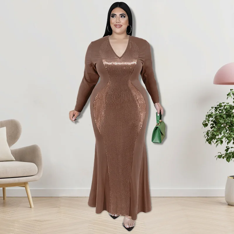 Plus Size Evening Dress Dress 5xl V Neck Long Sleeve Sequin Tight Fishtail Skirt 2022 Fall Winter Women's Party Sexy Long Dress