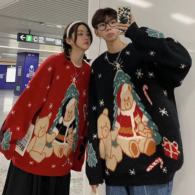 

Christmas Sweaters for Couples Casual Loose Knitwear Long Sleeve O Neck Knitted Pullovers Harajuku Bear Jacquard Sueter Jumpers