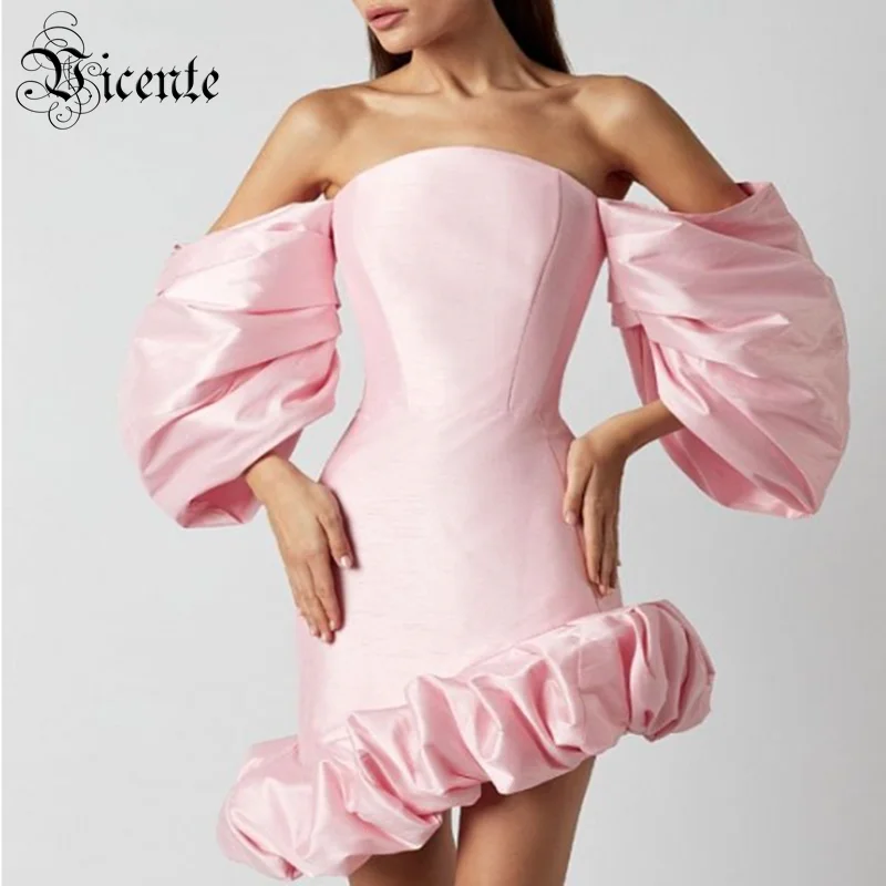 

VC Guest Wedding Party Dress Women Elegant And Pretty Lantern Sleeve Pink Satin Mini Formal Occasions Dress