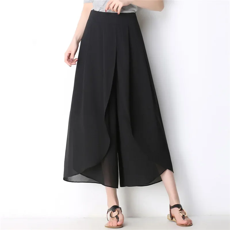 

Plus Size Wide Leg Pants Women High Waist Black Pants Chiffon Culottes Summer Casual Loose Solid Thin Pants OL Ladies Trousers