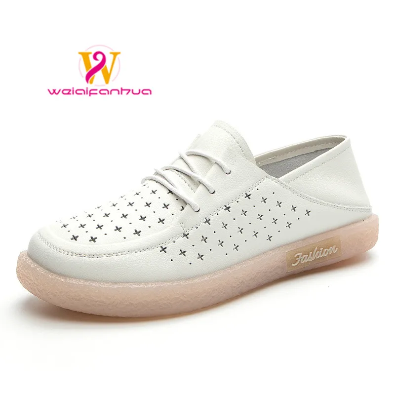 Flat Shoes Women's Genuine Leather Small White Shoes 2023 New Breathable Openwork Loafers Comfortable Nurse Shoes Single Shoes