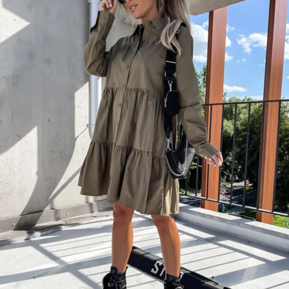 

Stylish Short Dress Long Sleeves Skin-touching Autumn Dress Women Spring Autumn Casual Ruffle Stitching A-line Dress