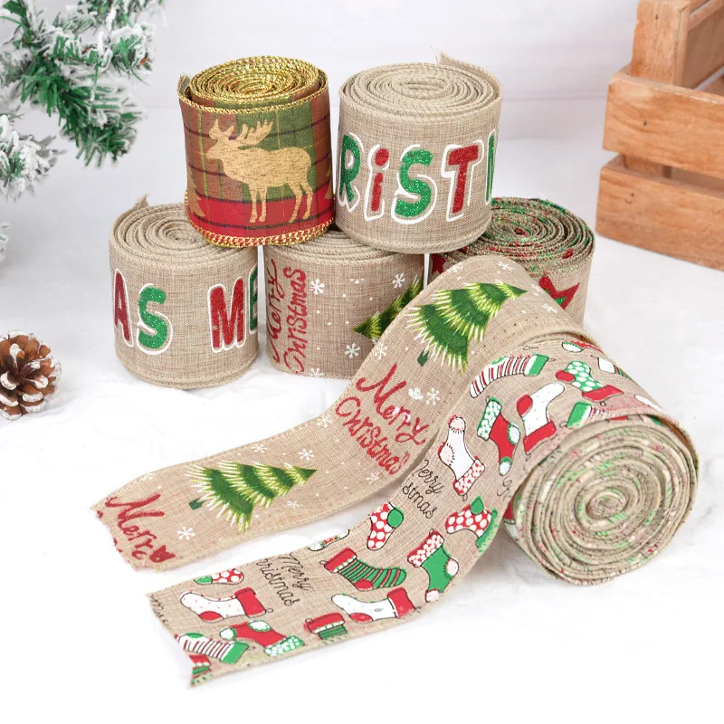 

5M/Roll 6.3cm Christmas Burlap Ribbon Merry Christmas Tree Elk Sock Twine Ribbon Wreath Bows Gift Wrapping Craft Xmas Home Decor