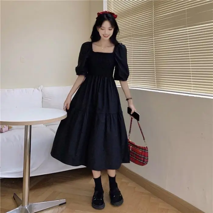 

2022 Summer New Square Collar Solid Color Puff Sleeve Dress Student Temperamental Waist Midi A- Line Skirt Dresses