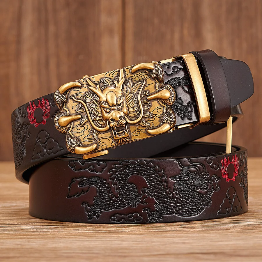 

Men Belt Genuine Leather New High Quality Cowhide Handmade Men Waistbands Chinese Dragon Pressed Straps Male Designer Belts