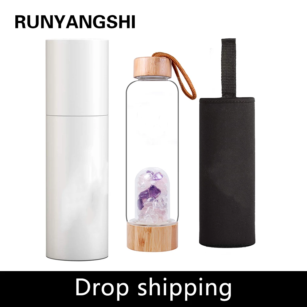 

Runyangshi 1pc 550ml Natural Crystal Gravel Healing rose quartz amethyst and clear quartz Elixir Quartz Crystal Water Bottle