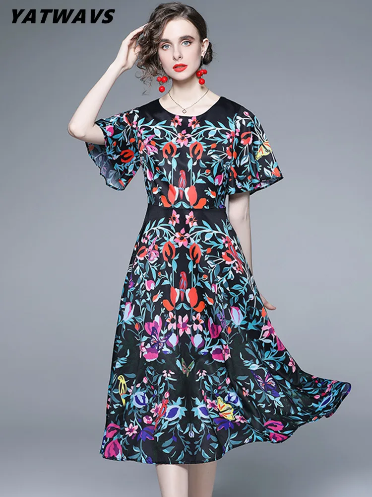 

Женское модельное платье миди, элегантное винтажное повседневное пляжное длинное платье с О-образным вырезом и цветочным принтом птиц, лет...