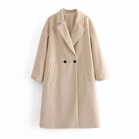 beige woolen coat woman fashion two button lapel blends overcoat high street mid length solid color wool outwear 2021 autumn new