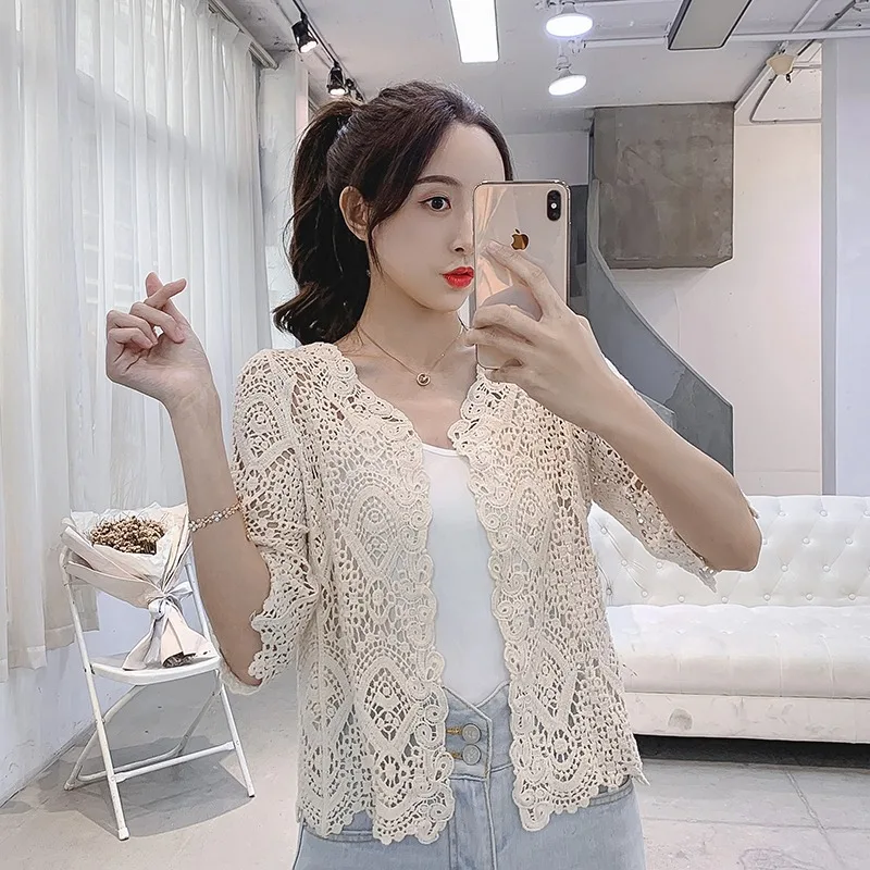 Short-Sleeved Knitted Cardigan Thin Women's Shawl Summer with Skirt Hollow V-neck Short Air Conditioning Shirt
